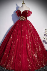 Party Dresses Prom, Burgundy Tulle Long A-Line Ball Gown, Off the Shoulder Evening Party Dress