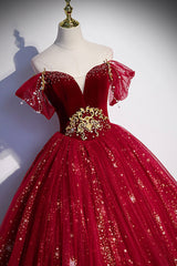 Party Dresse Idea, Burgundy Tulle Long A-Line Ball Gown, Off the Shoulder Evening Party Dress