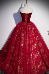 Party Dresses Idea, Burgundy Tulle Long A-Line Ball Gown, Off the Shoulder Evening Party Dress