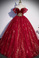 Party Dress Prom, Burgundy Tulle Long A-Line Ball Gown, Off the Shoulder Evening Party Dress