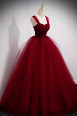 Bridesmaid Dresses On Sale, Burgundy Tulle Long A-Line Evening Dress, Off the Shoulder Formal Party Dress