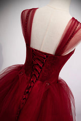 Bridesmaid Dress Spring, Burgundy Tulle Long A-Line Evening Dress, Off the Shoulder Formal Party Dress