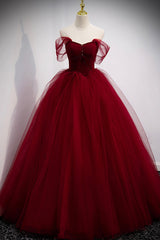 Bridesmaid Dress On Sale, Burgundy Tulle Long A-Line Evening Dress, Off the Shoulder Formal Party Dress