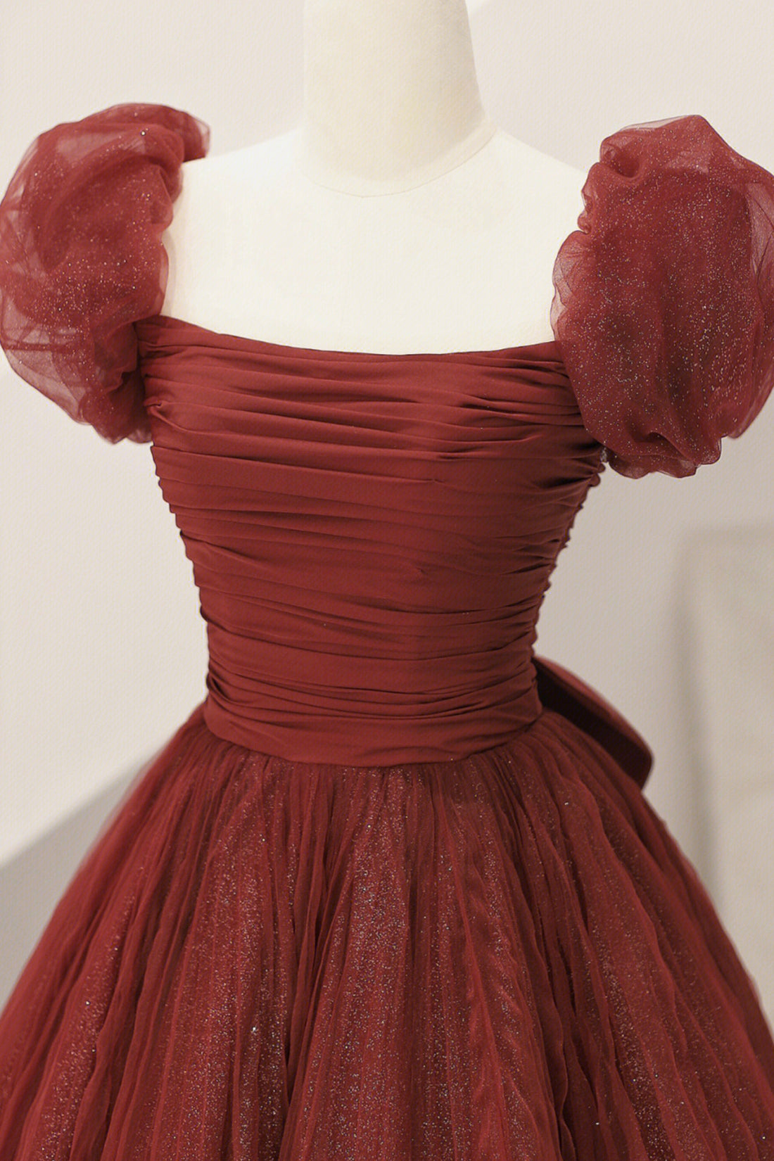 Flowy Dress, Burgundy Tulle Long A-Line Prom Dress, Cute Short Sleeve Evening Dress