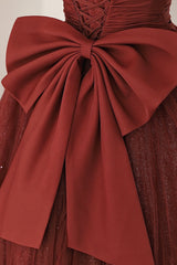 Bow Dress, Burgundy Tulle Long A-Line Prom Dress, Cute Short Sleeve Evening Dress