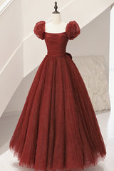 Design Dress, Burgundy Tulle Long A-Line Prom Dress, Cute Short Sleeve Evening Dress