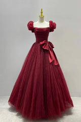 Bridesmaids Dressing Gowns, Burgundy Tulle Long A-Line Prom Dress, Lovely Evening Graduation Dress