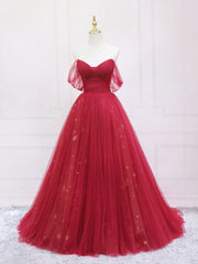 Prom Dress Long Elegant, Burgundy Tulle Long Prom Dress, Burgundy Evening Dress