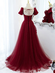 Prom Dressed Short, Burgundy Tulle Long Prom Dress, Burgundy Tulle Evening Dress