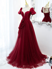 Prom Dresses Shorts, Burgundy Tulle Long Prom Dress, Burgundy Tulle Evening Dress