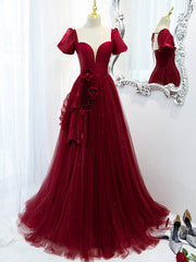 Prom Dress Shorts, Burgundy Tulle Long Prom Dress, Burgundy Tulle Evening Dress