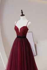 Prom Dresses 2024 Fashion Outfits, Burgundy Tulle Long Prom Dress with Beaded, Spaghetti Straps Evening Dress