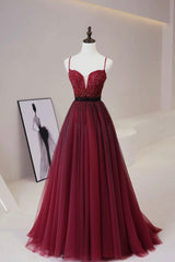 Prom Dresse 2024, Burgundy Tulle Long Prom Dress with Beaded, Spaghetti Straps Evening Dress