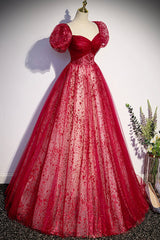 Prom Dresses Blue Lace, Burgundy Tulle Long Prom Dress with Sequins, A-Line Short Sleeve Evening Dress