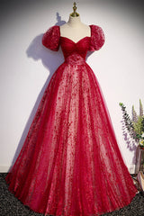 Prom Dresses Blushes, Burgundy Tulle Long Prom Dress with Sequins, A-Line Short Sleeve Evening Dress