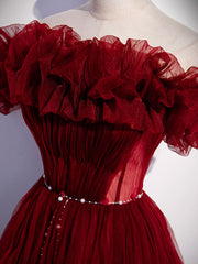 Prom Dresses For Short Girls, Burgundy Tulle Off Shoulder Long Prom Dress, Burgundy Evening Dress