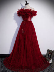 Prom Dress For Short Girl, Burgundy Tulle Off Shoulder Long Prom Dress, Burgundy Evening Dress