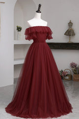 Sequin Dress, Burgundy Tulle Off the Shoulder Prom Dress, Long A-Line Evening Dress