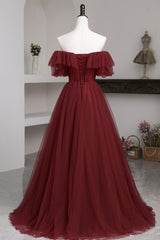 Wedding Pictures, Burgundy Tulle Off the Shoulder Prom Dress, Long A-Line Evening Dress
