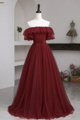 Cute Prom Dress, Burgundy Tulle Off the Shoulder Prom Dress, Long A-Line Evening Dress