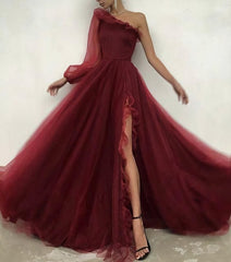 Prom Dress Lace, Burgundy tulle prom dress one shoulder evening dress