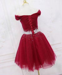 Bridesmaid Dresses Peach, Burgundy Tulle Sequin Short Prom Dress, Burgundy Homecoming Dress