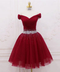 Simple Wedding Dress, Burgundy Tulle Sequin Short Prom Dress, Burgundy Homecoming Dress