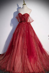 Wedding Color Schemes, Burgundy Tulle Strapless Floor Length Prom Dress, A-Line Evening Graduation Dress