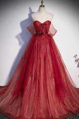 Bridesmaid Dresses Lavender, Burgundy Tulle Strapless Floor Length Prom Dress, A-Line Evening Graduation Dress