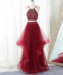 Evening Dress Dresses, Burgundy two pieces beads long prom dress, burgundy evening dress