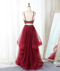 Evening Dresses Yde, Burgundy two pieces beads long prom dress, burgundy evening dress