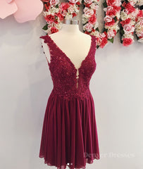 Homecoming Dresses Simples, Burgundy v neck chiffon lace short prom dress, homecoming dress