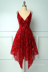 Trendy Dress Outfit, Burgundy v neck lace high low prom dress lace formal dress