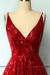 Prom Dress Red, Burgundy v neck lace high low prom dress lace formal dress