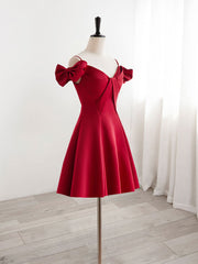 Bridesmaid Dresses Ideas, Burgundy  V Neck Satin Short Prom Dress, Burgundy Homecoming Dress