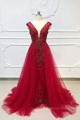 Prom Dresses 2055 Cheap, Burgundy v neck tulle beads long prom dress, burgundy evening dress