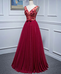 Party Dress Short Clubwear, Burgundy V Neck Tulle Lace Long Prom Dress, Burgundy Evening Dress