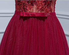 Party Dress Miami, Burgundy V Neck Tulle Lace Long Prom Dress, Burgundy Evening Dress