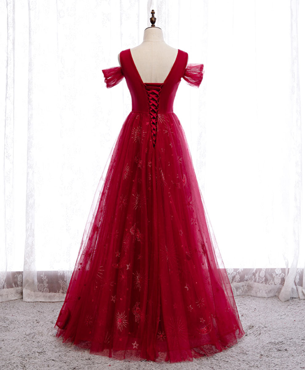 Bridesmaid Dress Custom, Burgundy V Neck Tulle Lace Long Prom Dress Burgundy Evening Dress