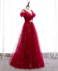 Bridesmaid Dresses Beach, Burgundy V Neck Tulle Lace Long Prom Dress Burgundy Evening Dress