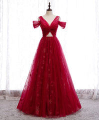 Bridesmaid Dress Sale, Burgundy V Neck Tulle Lace Long Prom Dress Burgundy Evening Dress