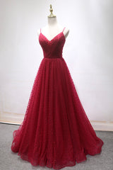 Prom Dress And Boots, Burgundy V-Neck Tulle Long Prom Dress, A-Line Backless Evening Party Dress