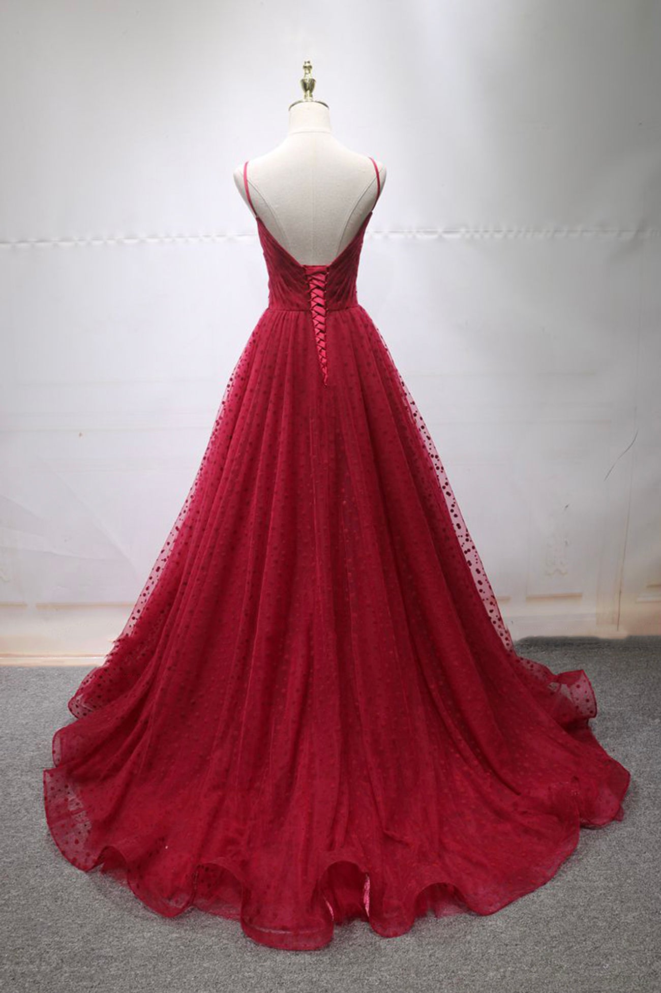 Prom Dresses With Shorts Underneath, Burgundy V-Neck Tulle Long Prom Dress, A-Line Backless Evening Party Dress