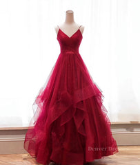 Prom Dresses Open Back, Burgundy v neck tulle long prom dress, burgundy evening dress