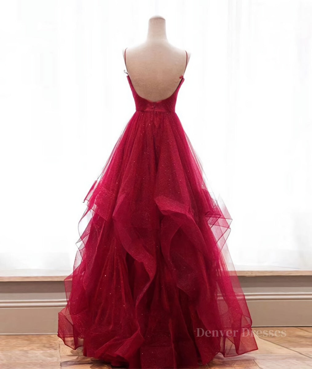 Prom Dress 2052, Burgundy v neck tulle long prom dress, burgundy evening dress