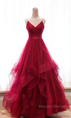 Prom Dresses2052, Burgundy v neck tulle long prom dress, burgundy evening dress