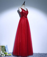 Party Dresses Indian, Burgundy V Neck Tulle Long Prom Dress, Evening Dress