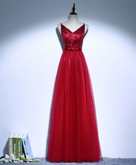 Party Dresses Clubwear, Burgundy V Neck Tulle Long Prom Dress, Evening Dress