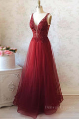 Party Dress Short, Burgundy v neck tulle sequin lace long prom dress