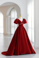 Ballgown, Burgundy V-Neck Velvet Long Formal Dress, A-Line Short Sleeve Evening Dress